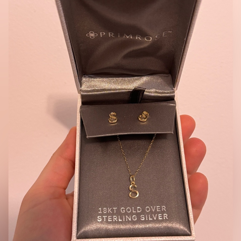 Gold Over Sterling Silver Initial Necklace and Earring Set